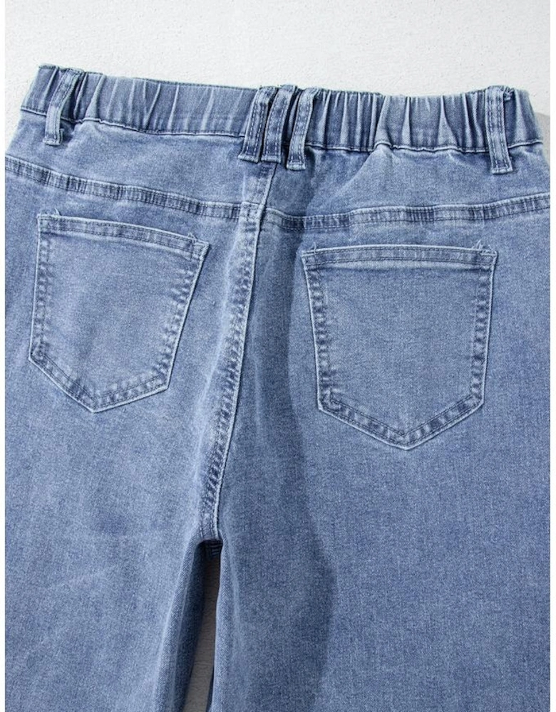 Dusk Blue Foiled Star Patchwork Straight Leg Loose Jeans