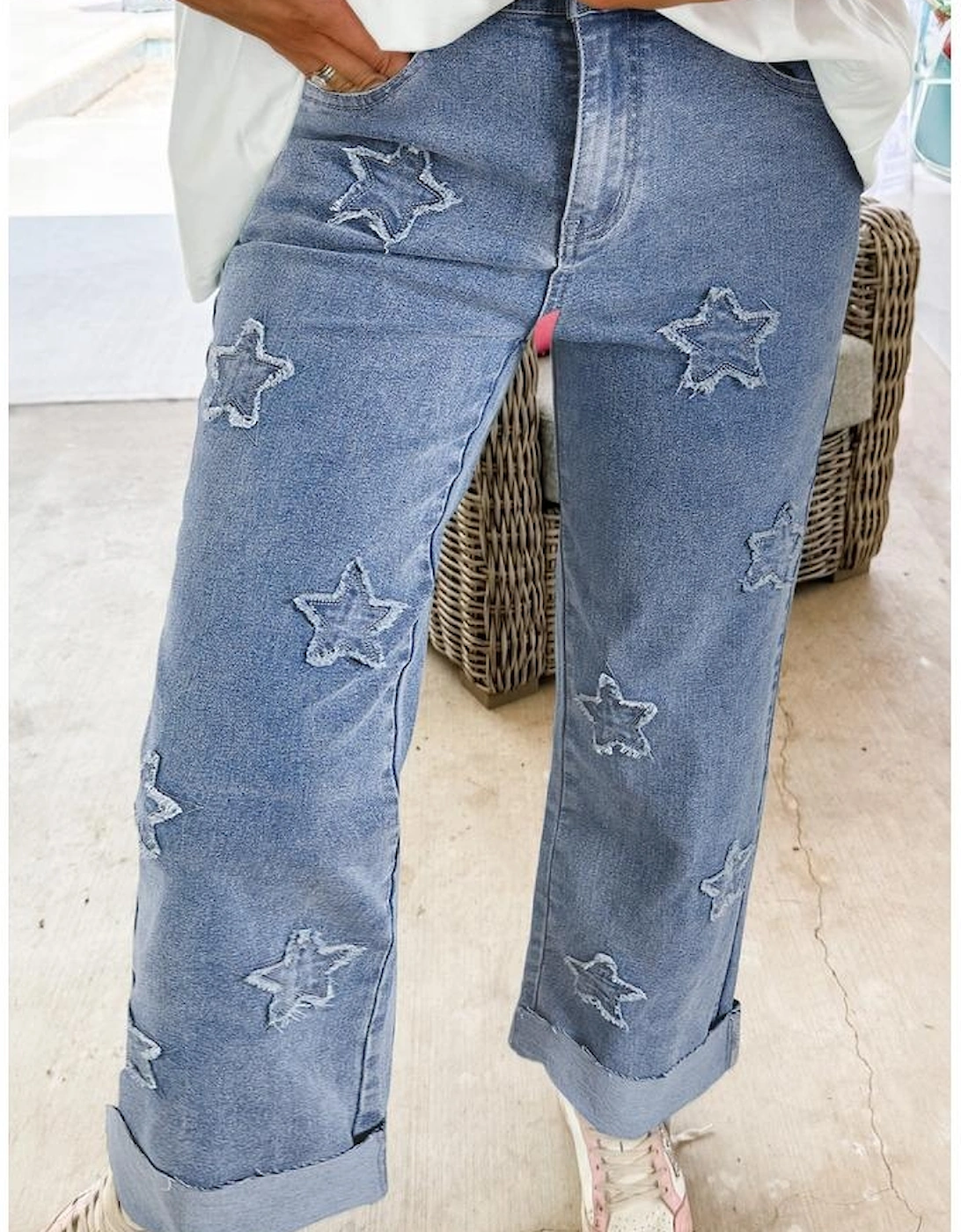 Dusk Blue Foiled Star Patchwork Straight Leg Loose Jeans