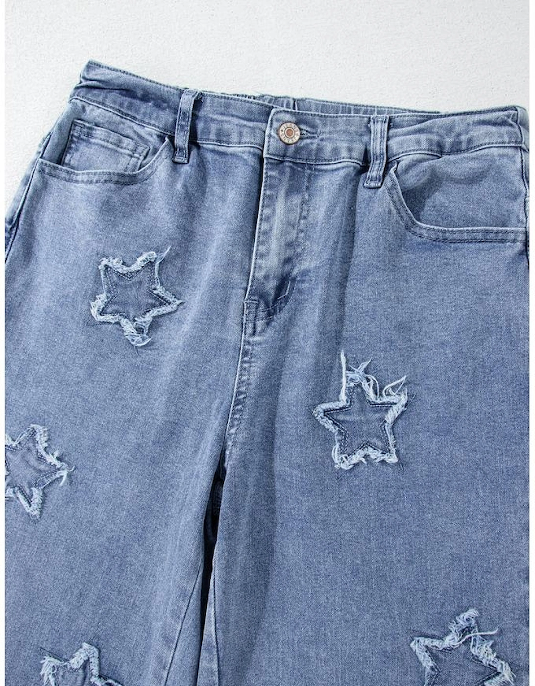 Dusk Blue Foiled Star Patchwork Straight Leg Loose Jeans
