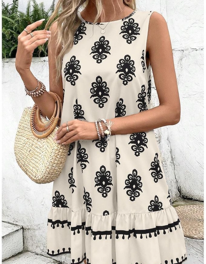 Beige Geometric Printed Sleeveless Hollowed Bowknot Back Mini Dress