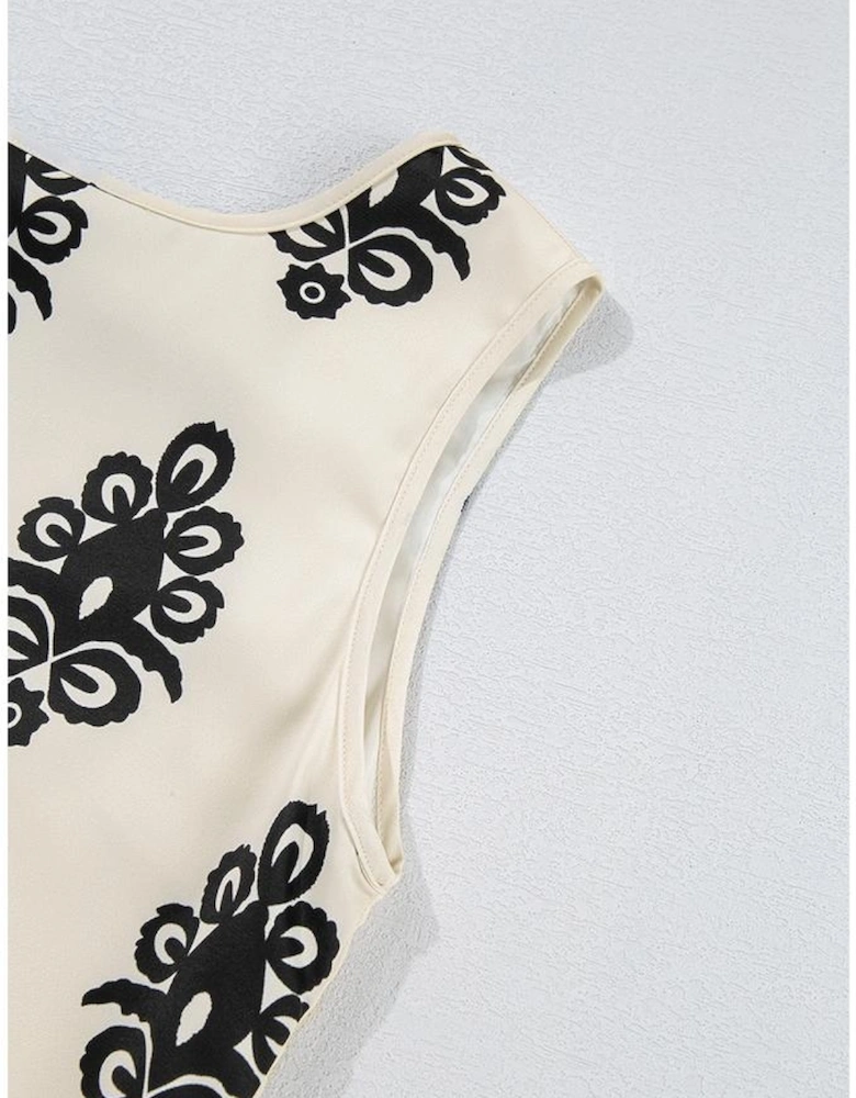 Beige Geometric Printed Sleeveless Hollowed Bowknot Back Mini Dress