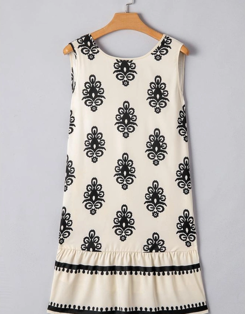 Beige Geometric Printed Sleeveless Hollowed Bowknot Back Mini Dress