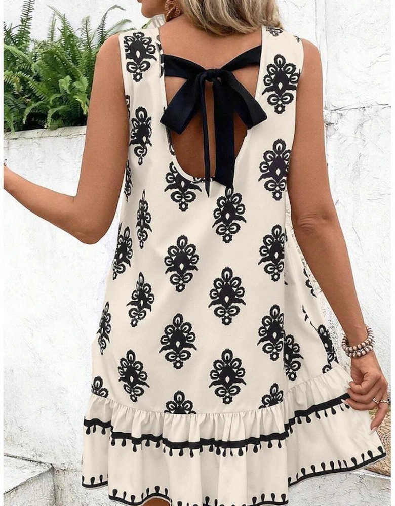 Beige Geometric Printed Sleeveless Hollowed Bowknot Back Mini Dress