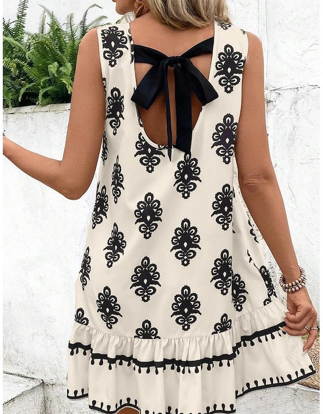 Beige Geometric Printed Sleeveless Hollowed Bowknot Back Mini Dress