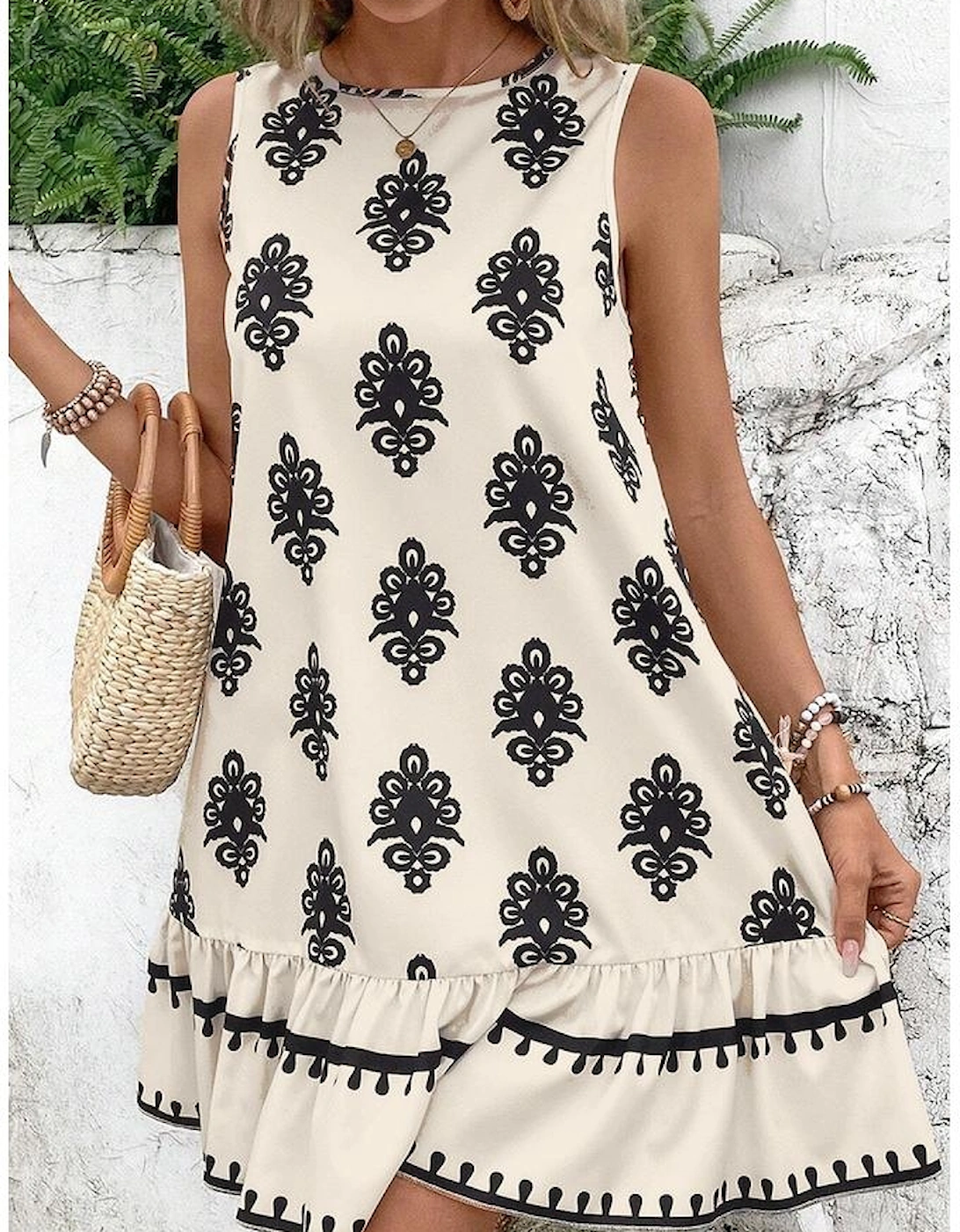 Beige Geometric Printed Sleeveless Hollowed Bowknot Back Mini Dress