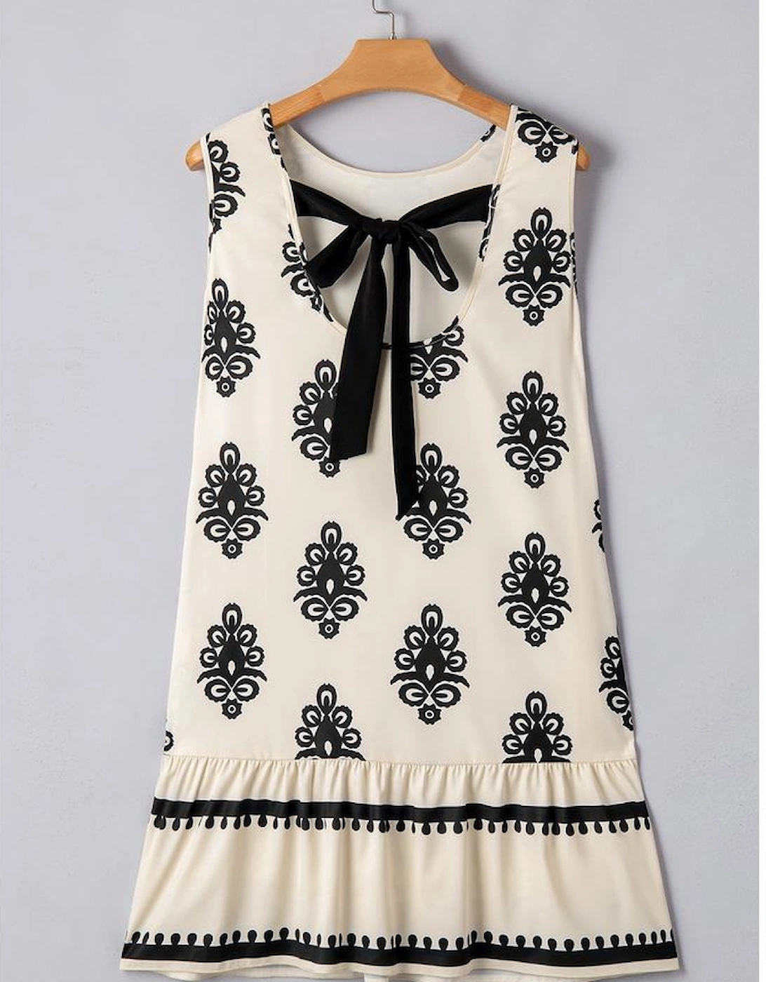 Beige Geometric Printed Sleeveless Hollowed Bowknot Back Mini Dress