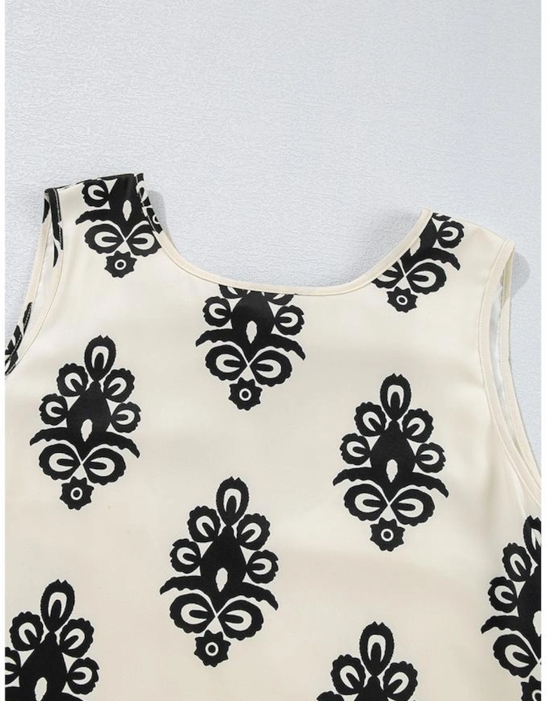 Beige Geometric Printed Sleeveless Hollowed Bowknot Back Mini Dress