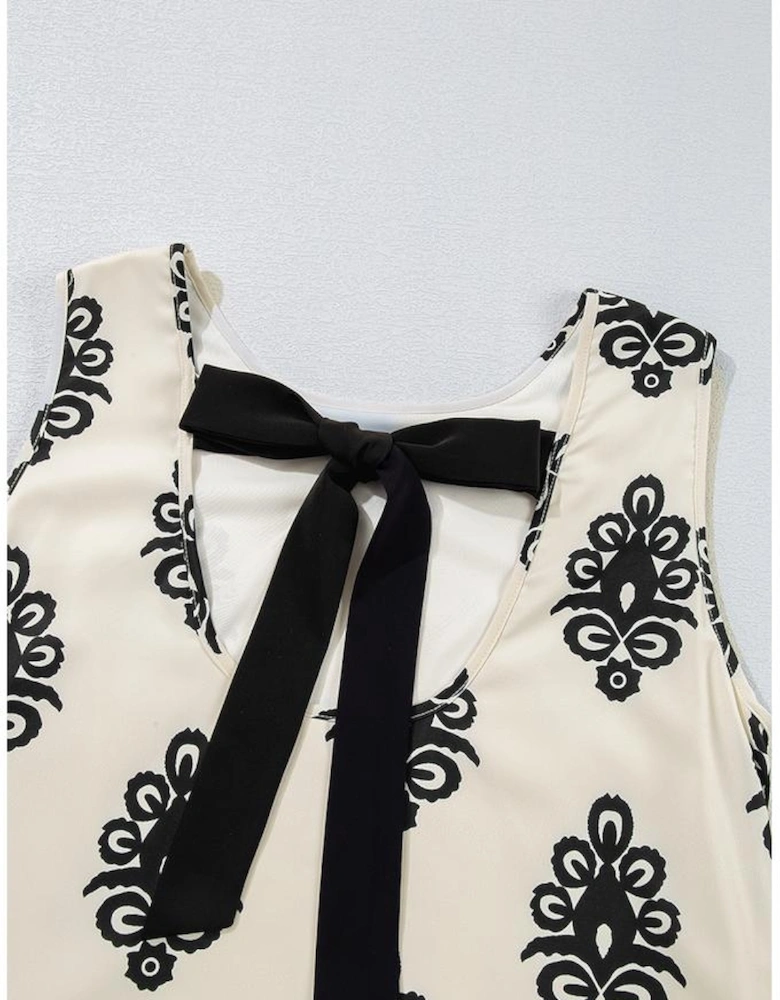 Beige Geometric Printed Sleeveless Hollowed Bowknot Back Mini Dress