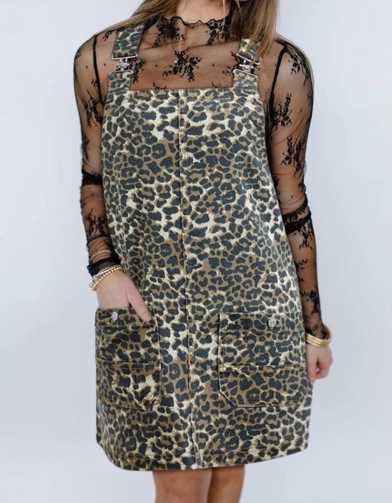 Gray Leopard Print Pocketed Loose Fit Denim Overall Dress