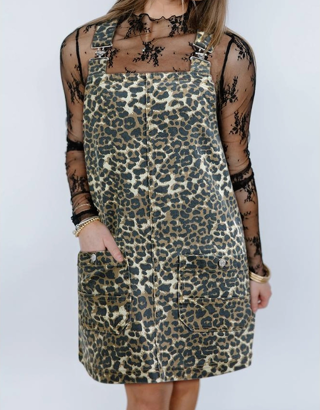 Gray Leopard Print Pocketed Loose Fit Denim Overall Dress