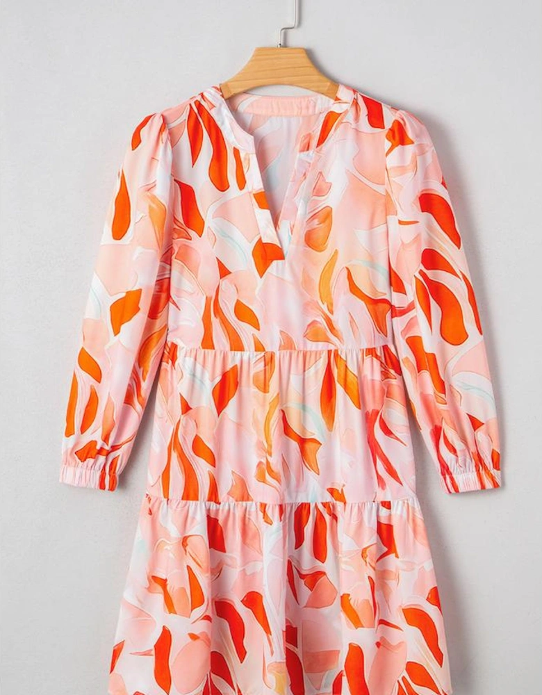 Orange Abstract Print Split Neck Long Sleeve Dress