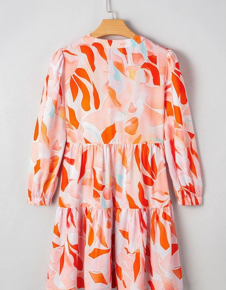 Orange Abstract Print Split Neck Long Sleeve Dress