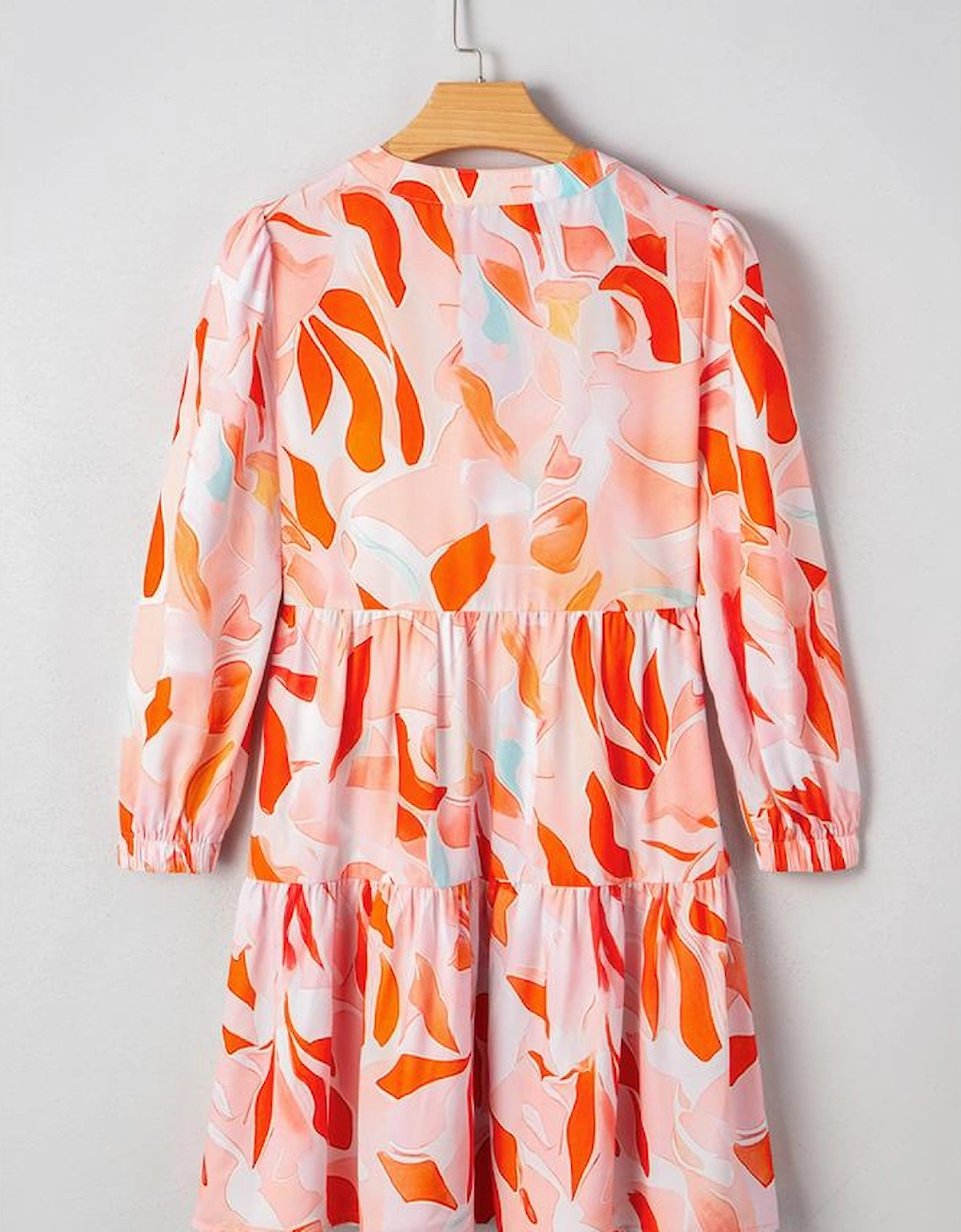 Orange Abstract Print Split Neck Long Sleeve Dress