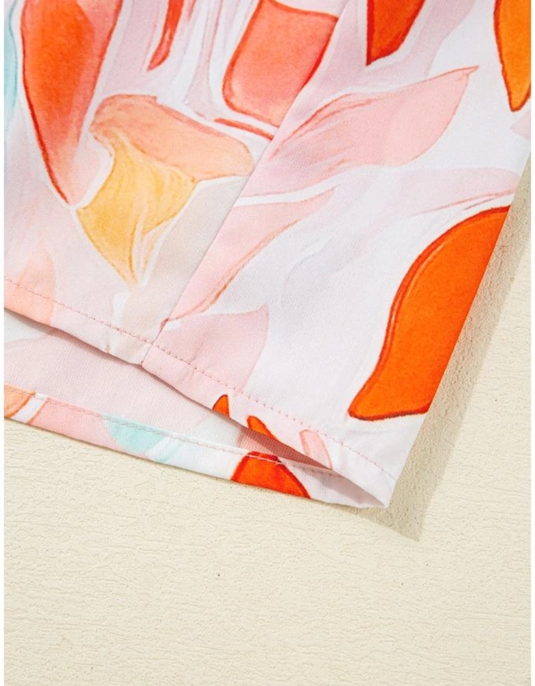 Orange Abstract Print Split Neck Long Sleeve Dress