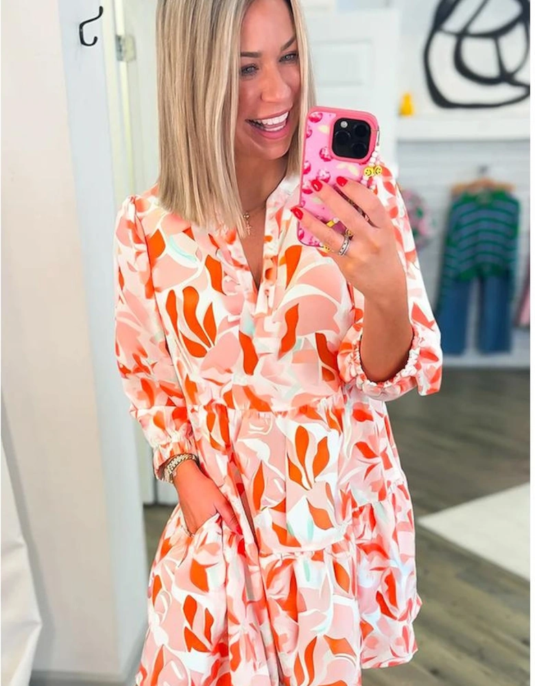Orange Abstract Print Split Neck Long Sleeve Dress