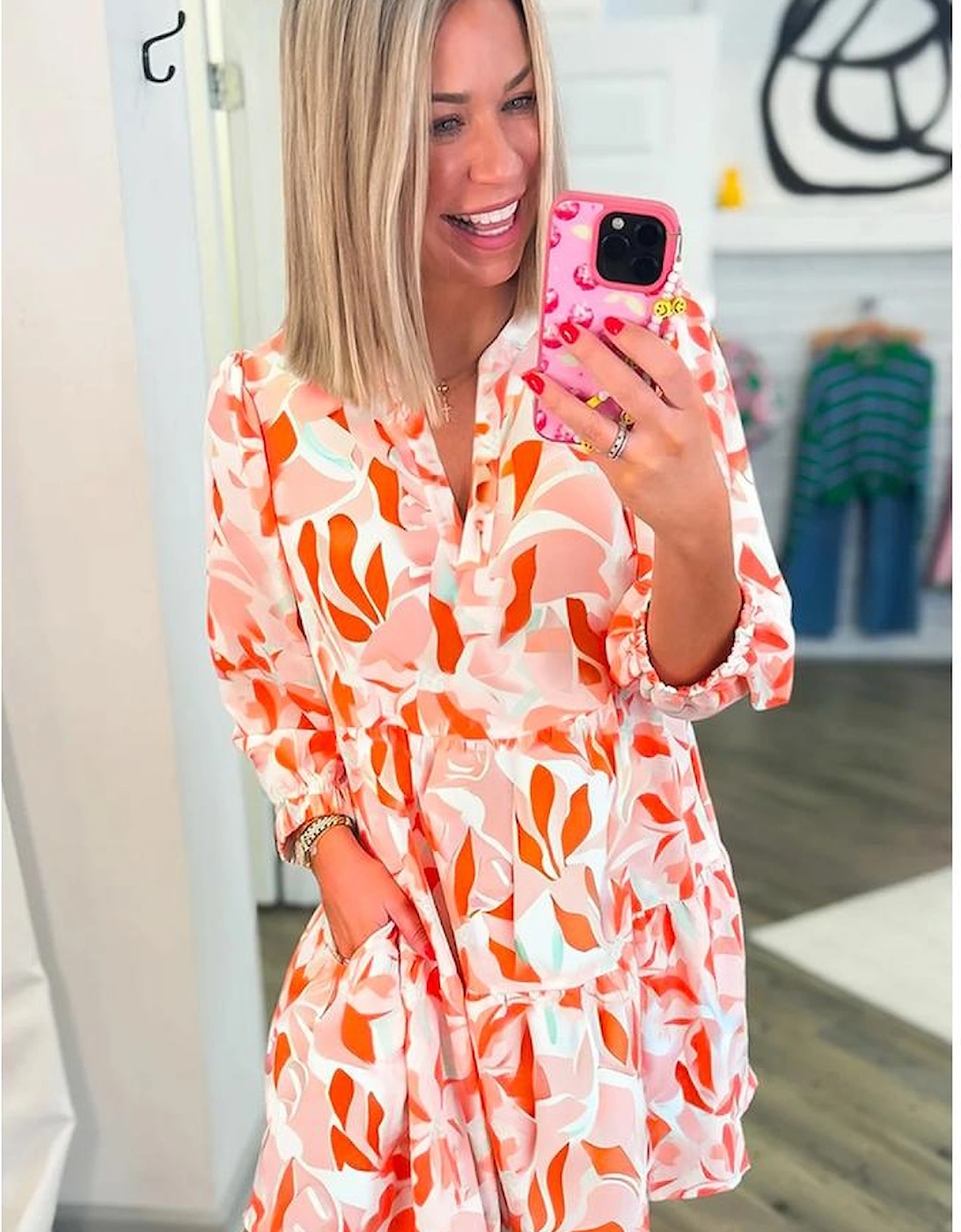Orange Abstract Print Split Neck Long Sleeve Dress