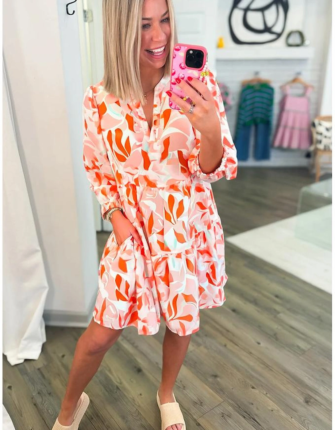 Orange Abstract Print Split Neck Long Sleeve Dress, 13 of 12