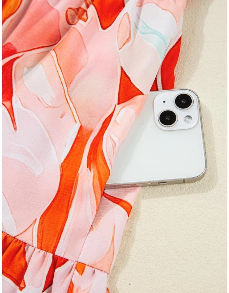 Orange Abstract Print Split Neck Long Sleeve Dress