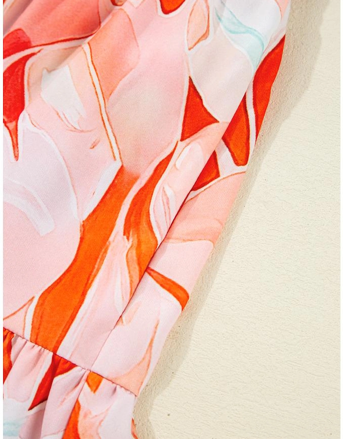 Orange Abstract Print Split Neck Long Sleeve Dress