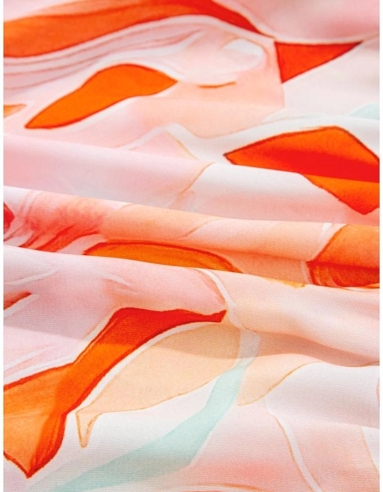 Orange Abstract Print Split Neck Long Sleeve Dress