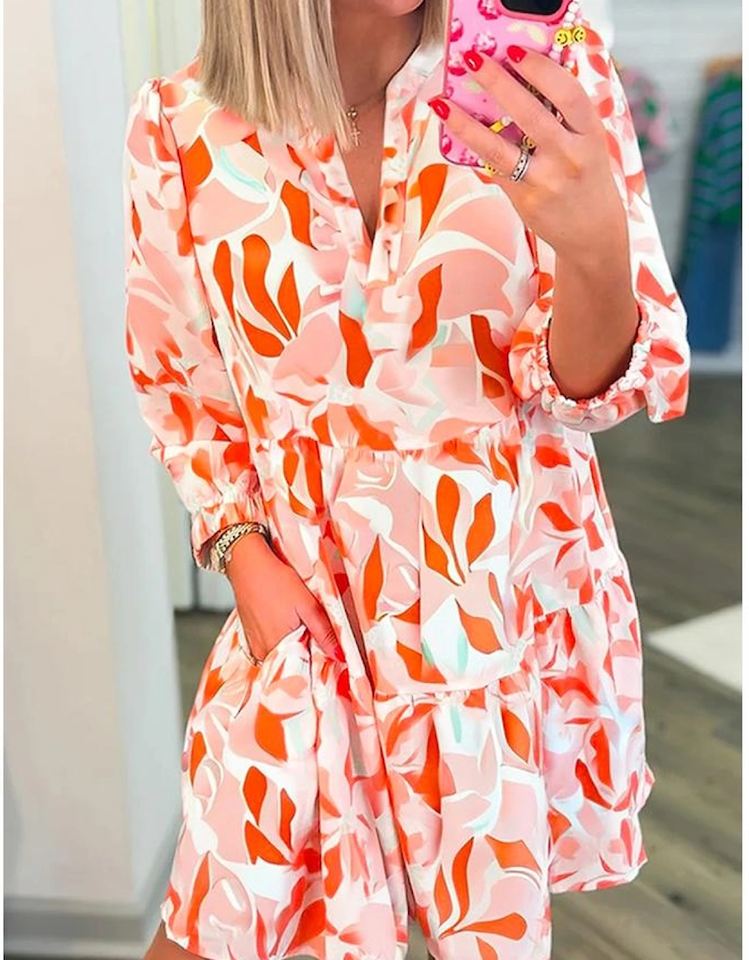 Orange Abstract Print Split Neck Long Sleeve Dress
