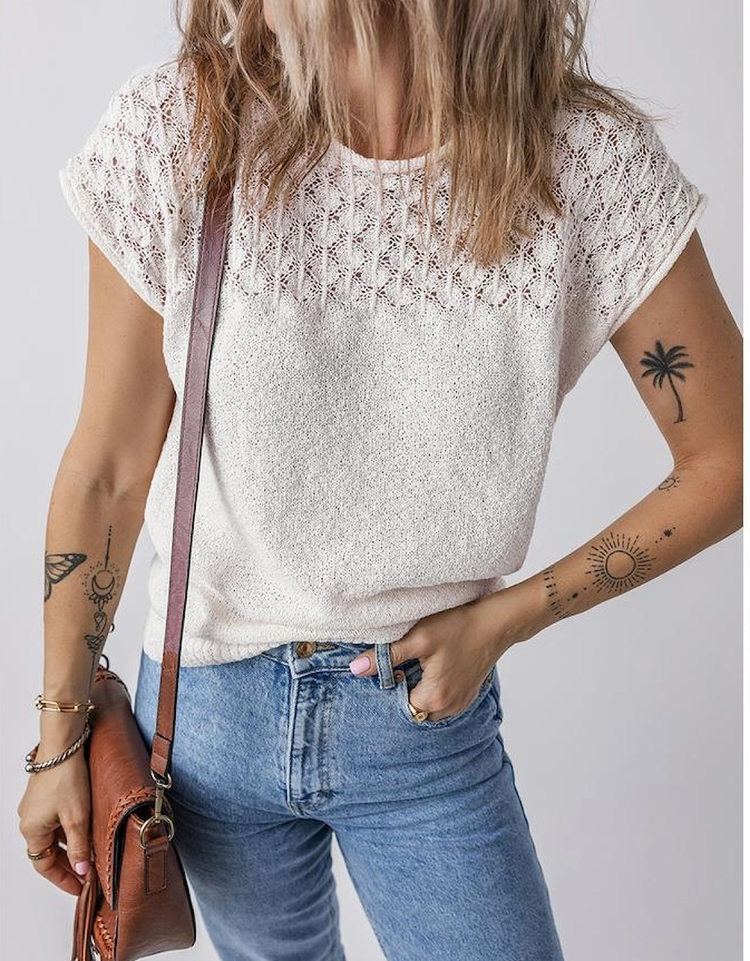 White Eyelet Knit Tied Back Short Sleeve Sweater, 9 of 8