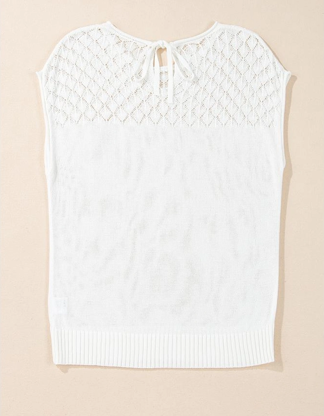 White Eyelet Knit Tied Back Short Sleeve Sweater