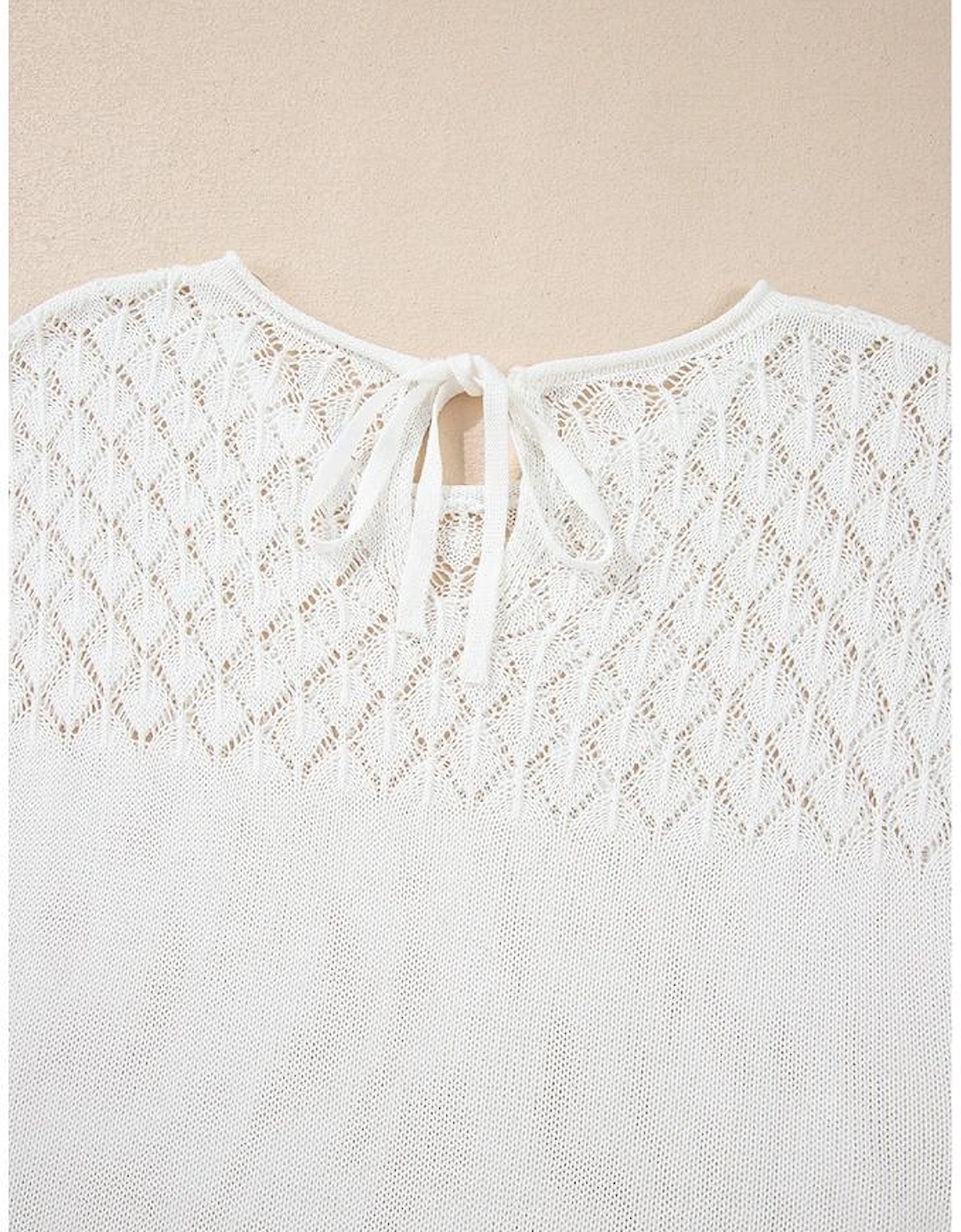 White Eyelet Knit Tied Back Short Sleeve Sweater