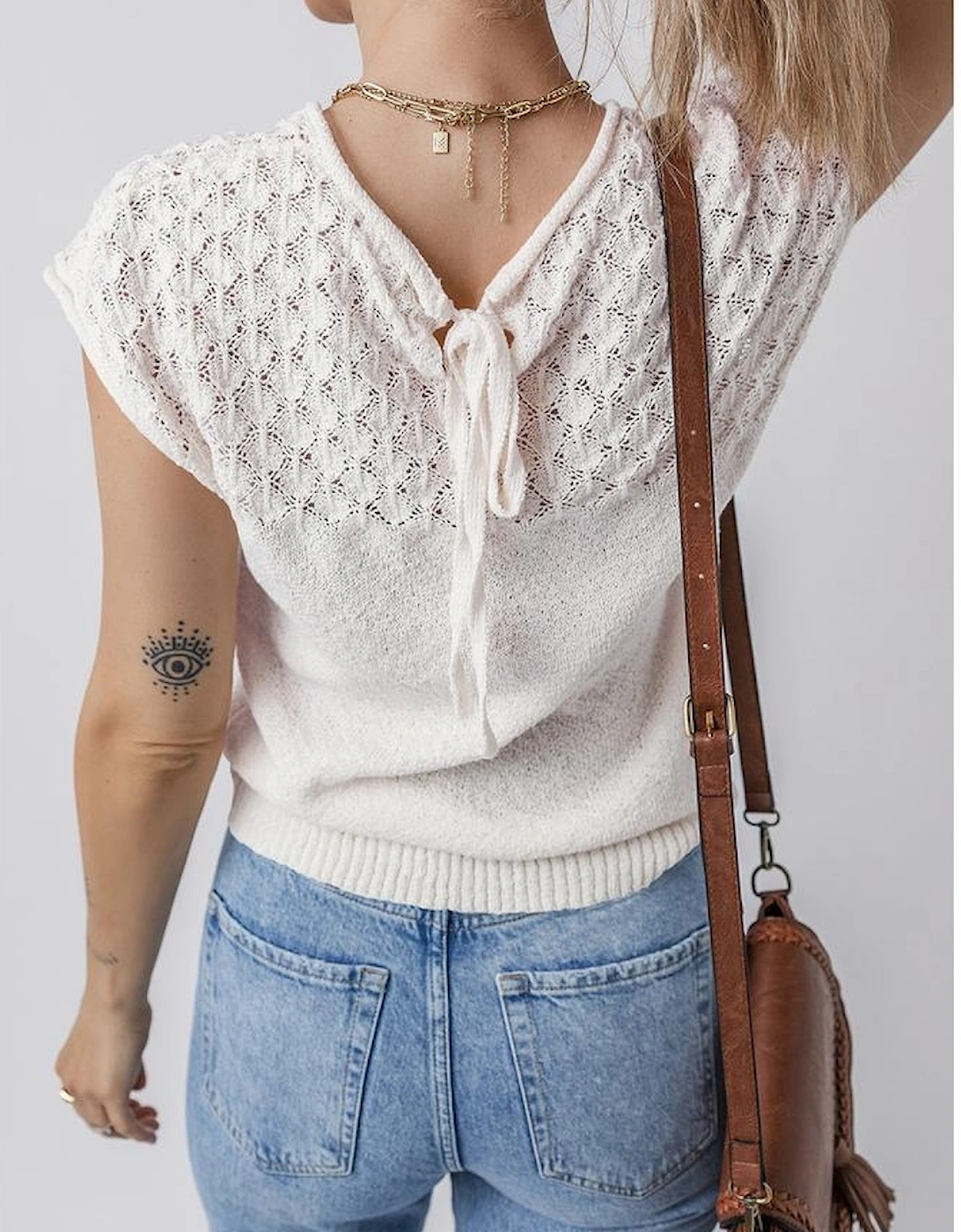White Eyelet Knit Tied Back Short Sleeve Sweater