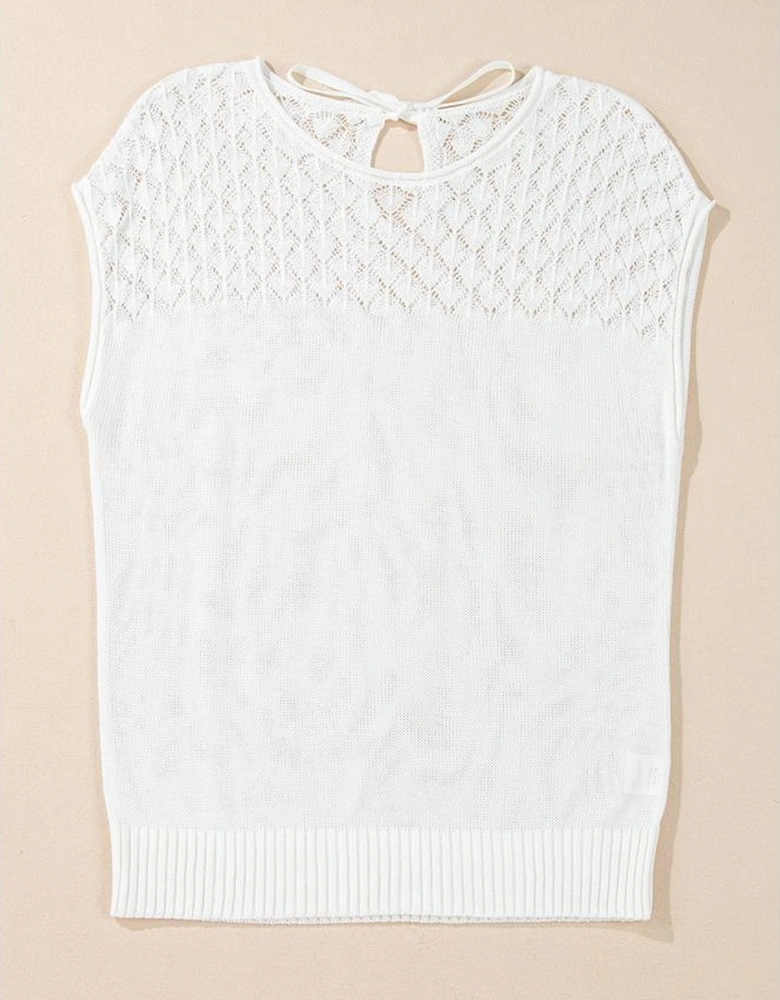 White Eyelet Knit Tied Back Short Sleeve Sweater