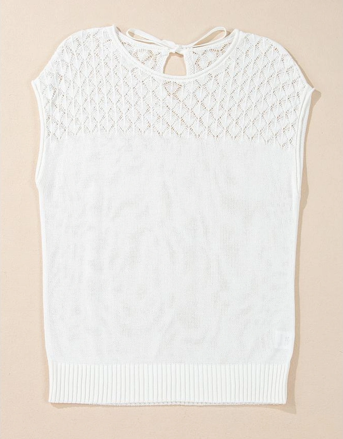 White Eyelet Knit Tied Back Short Sleeve Sweater