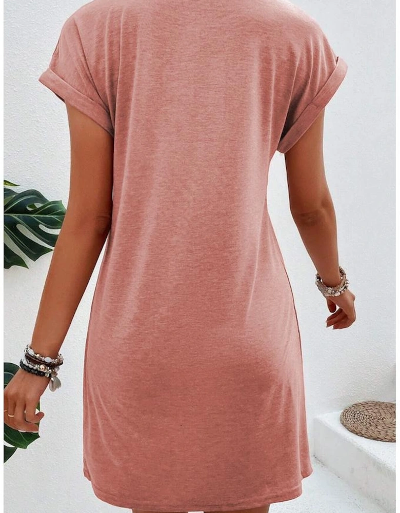 Rose Pink Center Seam Rolled Cuffs T-shirt Dress