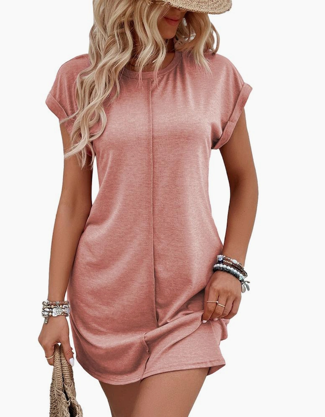 Rose Pink Center Seam Rolled Cuffs T-shirt Dress