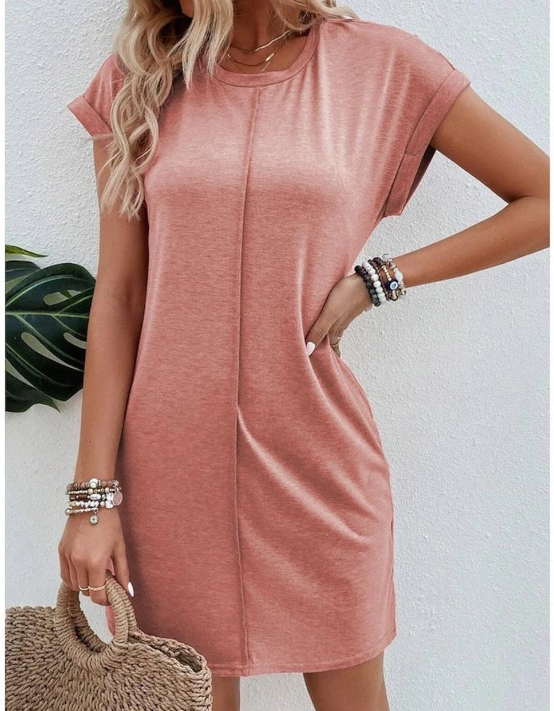 Rose Pink Center Seam Rolled Cuffs T-shirt Dress