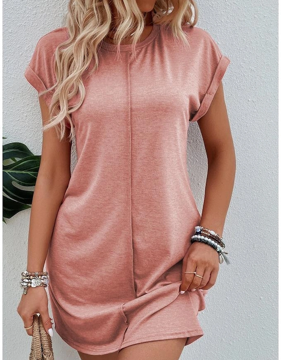 Rose Pink Center Seam Rolled Cuffs T-shirt Dress