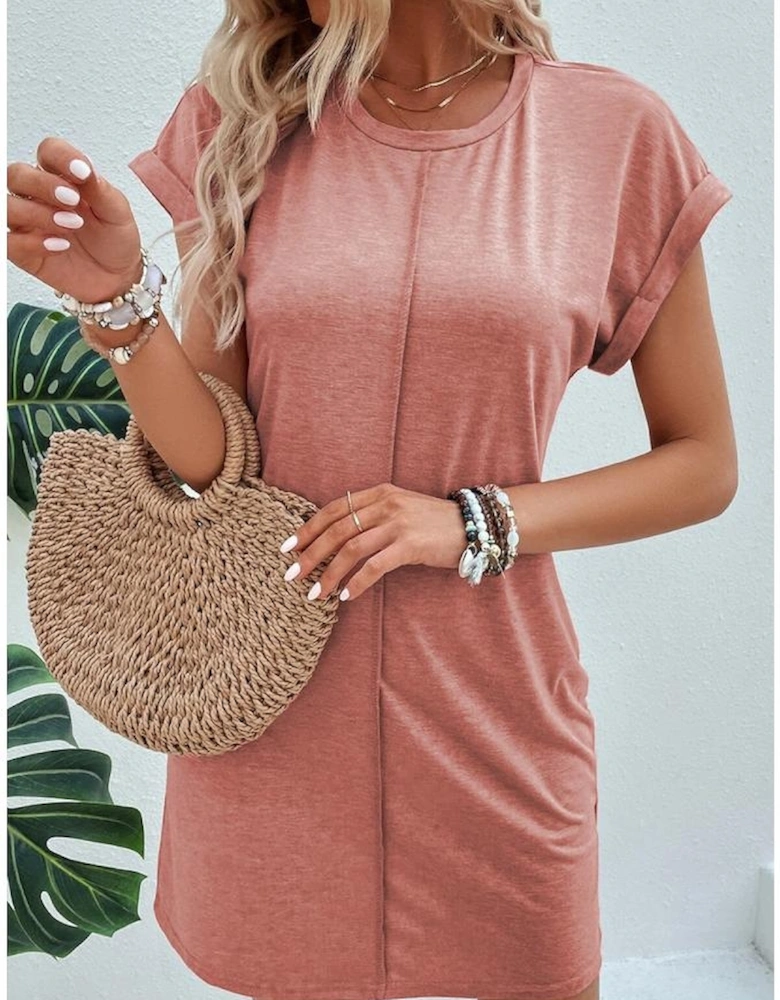 Rose Pink Center Seam Rolled Cuffs T-shirt Dress