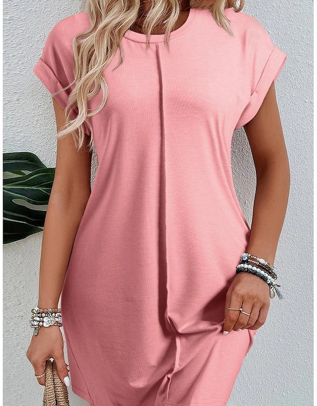 Rose Pink Center Seam Rolled Cuffs T-shirt Dress
