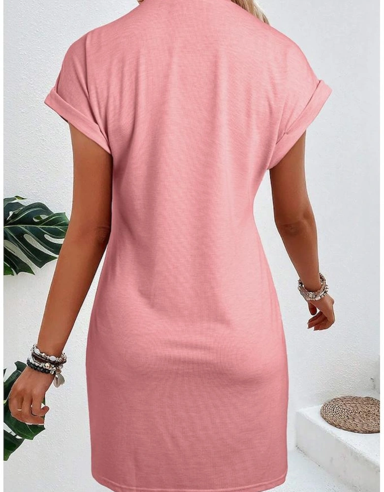 Rose Pink Center Seam Rolled Cuffs T-shirt Dress