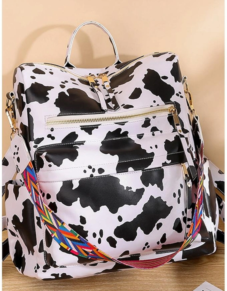 White Cow Print Multi Compartment PU Leather Backpack