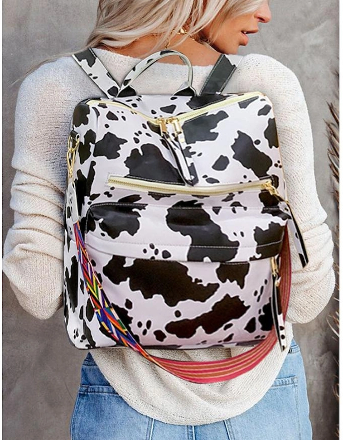 White Cow Print Multi Compartment PU Leather Backpack