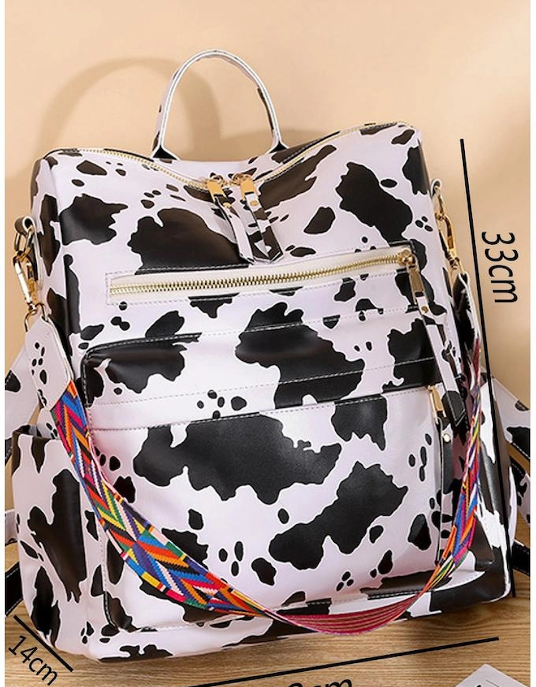 White Cow Print Multi Compartment PU Leather Backpack