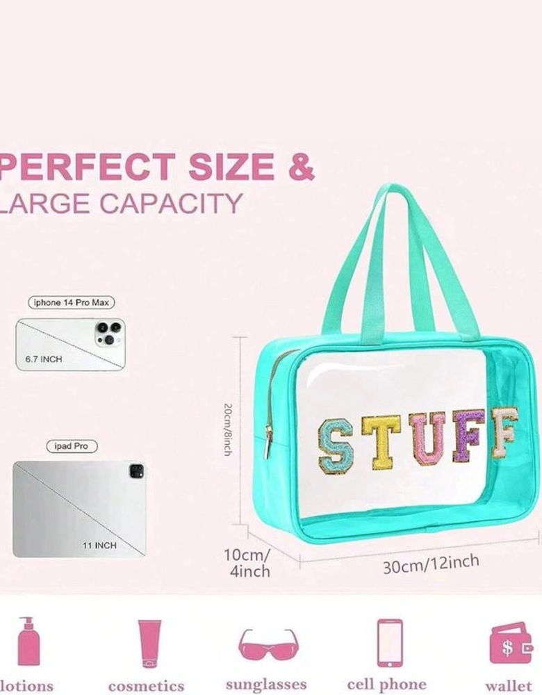 Light Blue STUFF Glitter Chenille Patched Transparent Makeup Bag