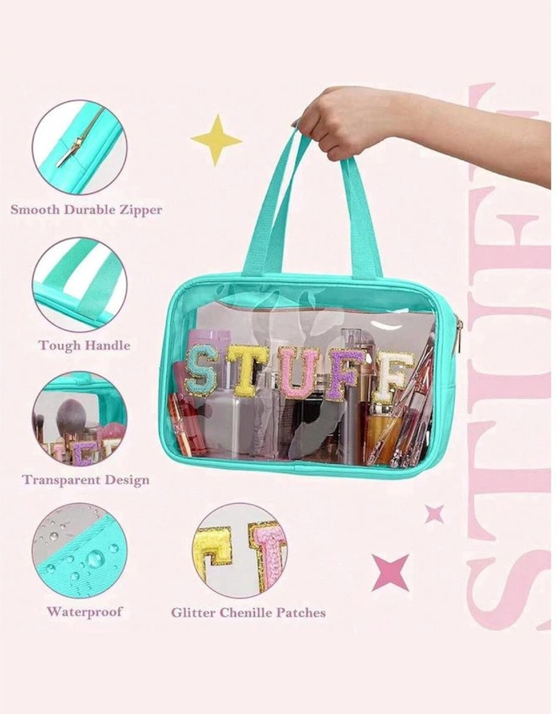 Light Blue STUFF Glitter Chenille Patched Transparent Makeup Bag