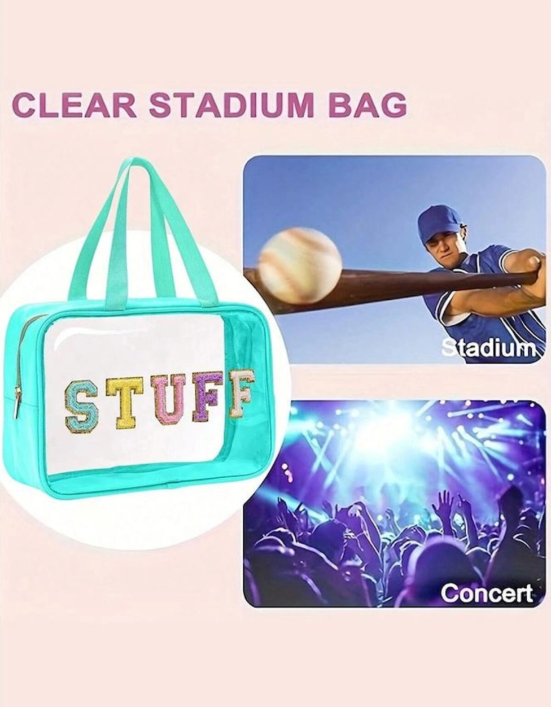 Light Blue STUFF Glitter Chenille Patched Transparent Makeup Bag