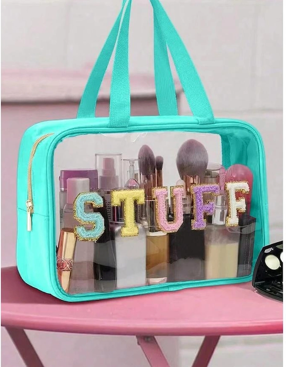 Light Blue STUFF Glitter Chenille Patched Transparent Makeup Bag