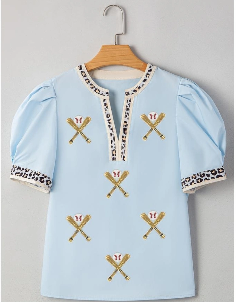 Beau Blue Sequin Baseball Set Contrast Leopard Trim Short Puff Sleeve Blouse