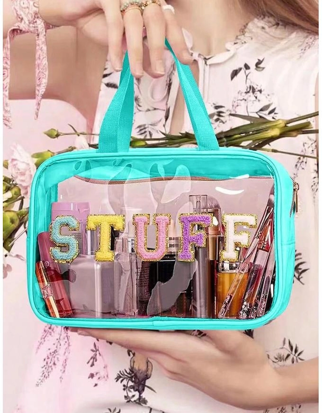 Light Blue STUFF Glitter Chenille Patched Transparent Makeup Bag