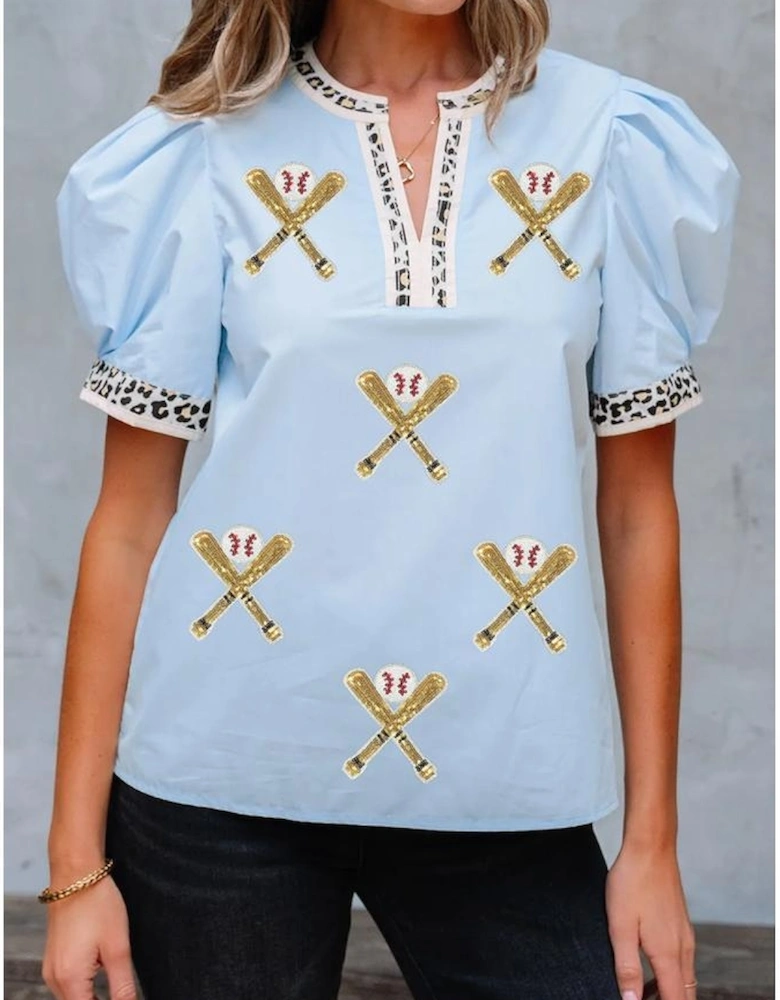 Beau Blue Sequin Baseball Set Contrast Leopard Trim Short Puff Sleeve Blouse