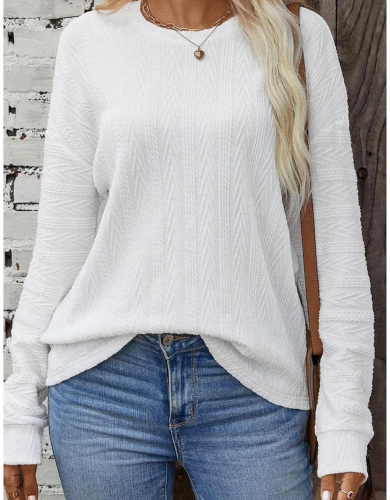 White Round Neck Drop Shoulder Textured Knit Top