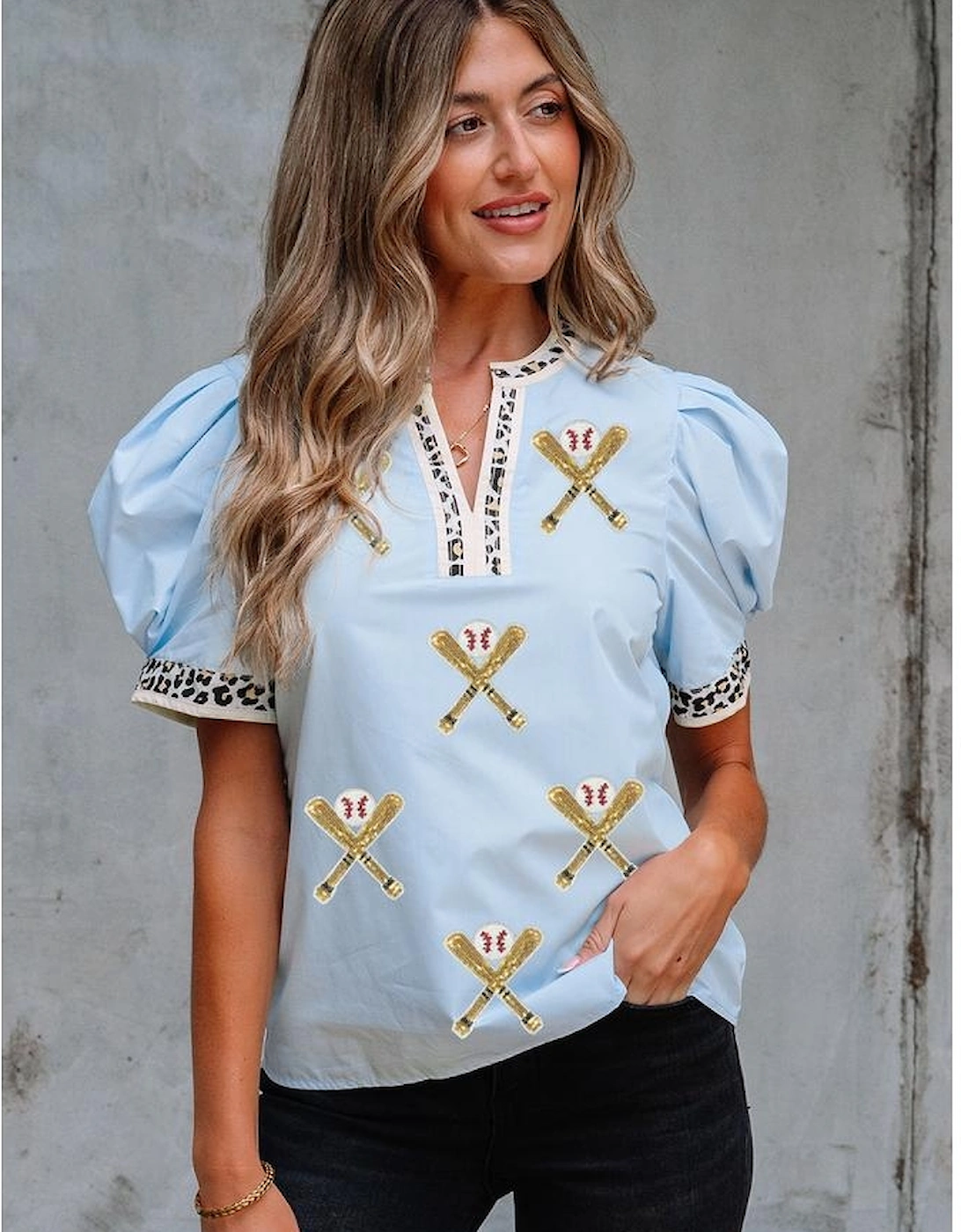 Beau Blue Sequin Baseball Set Contrast Leopard Trim Short Puff Sleeve Blouse